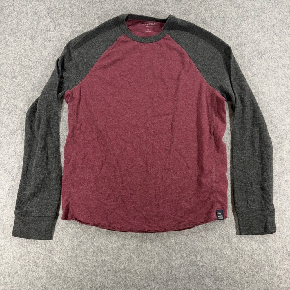 Lucky Brand Mens Raglan Baseball Tee Burgundy Gray Waffle Sleeve Size M